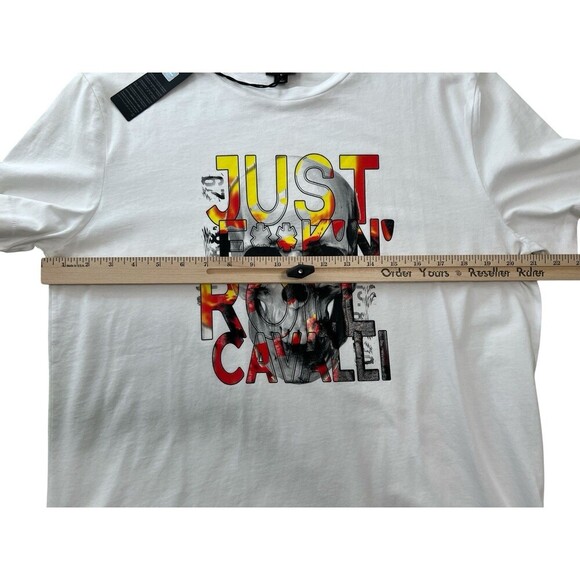 Just Cavalli Mens White Skull Tee Shirt "JUST F**K'N' ROLL CAVALLI" Crew Neck L - Picture 5 of 11